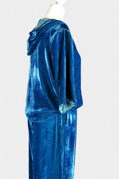 Blue Mulberry Silk Velvet Hooded Set