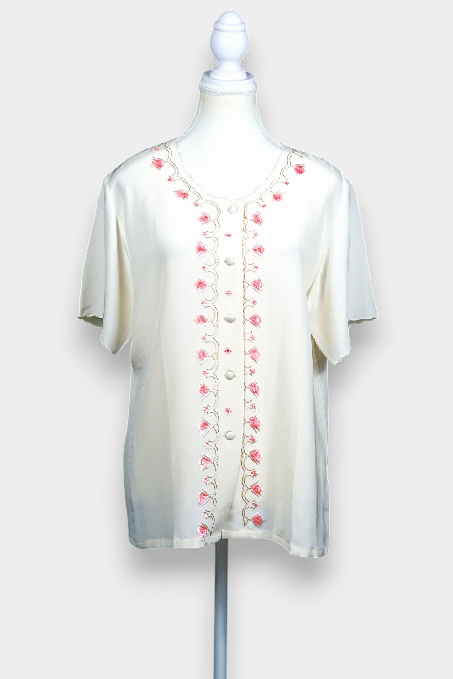 Embroidered Mulberry Silk Blouse | Pink Floral Short-Sleeve Top