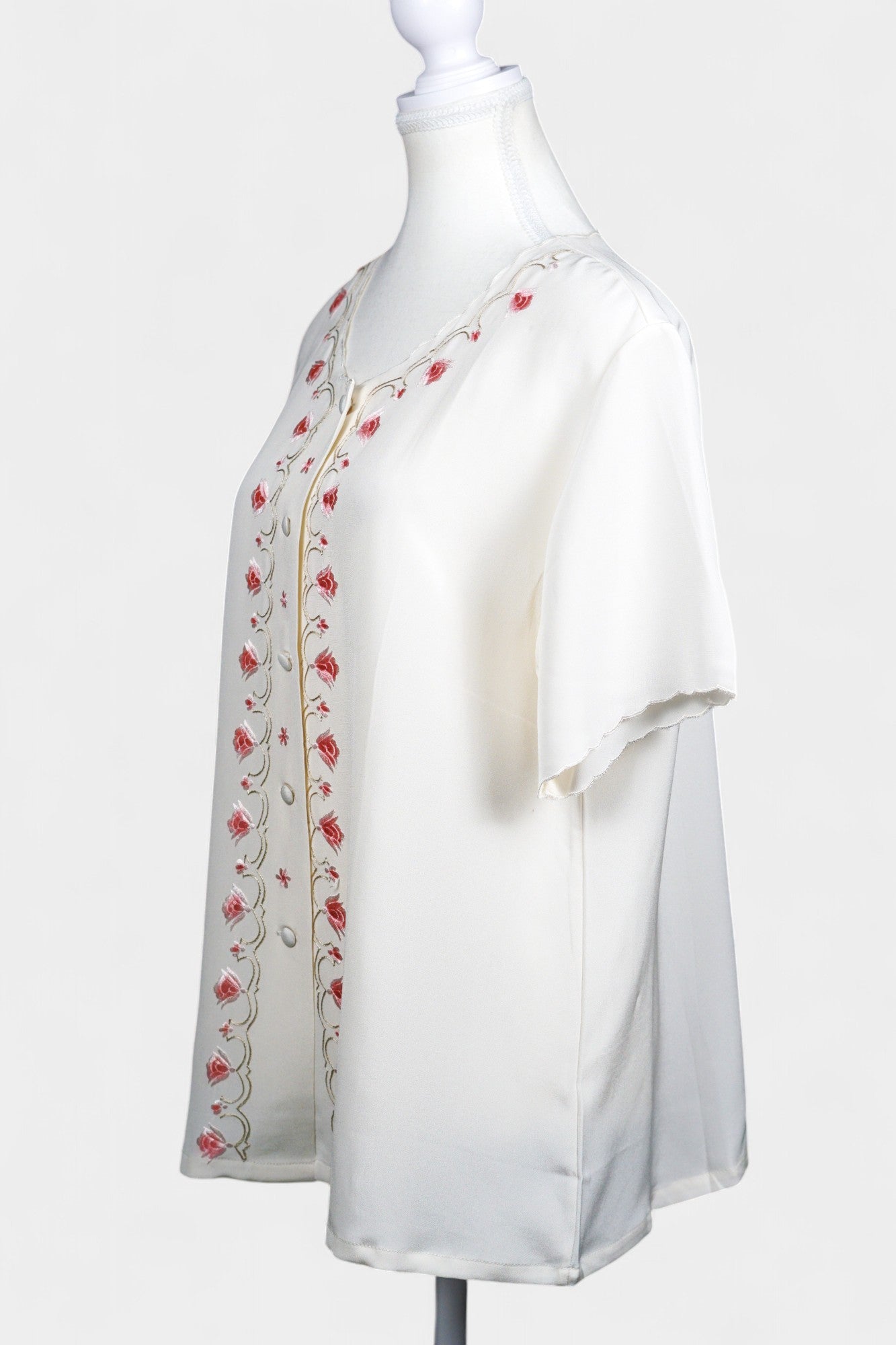 Embroidered Mulberry Silk Blouse | Pink Floral Short-Sleeve Top