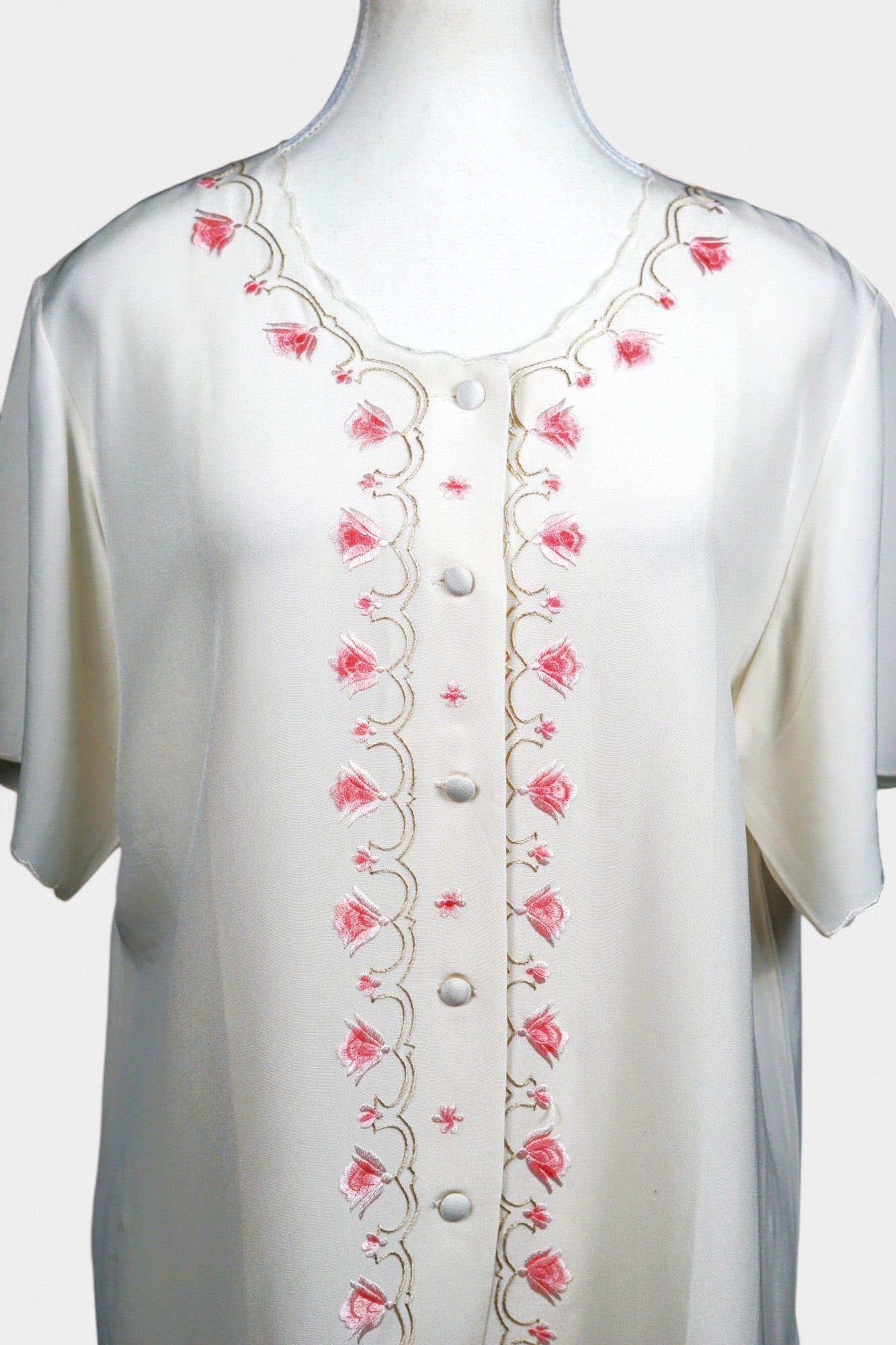 Embroidered Mulberry Silk Blouse | Pink Floral Short-Sleeve Top