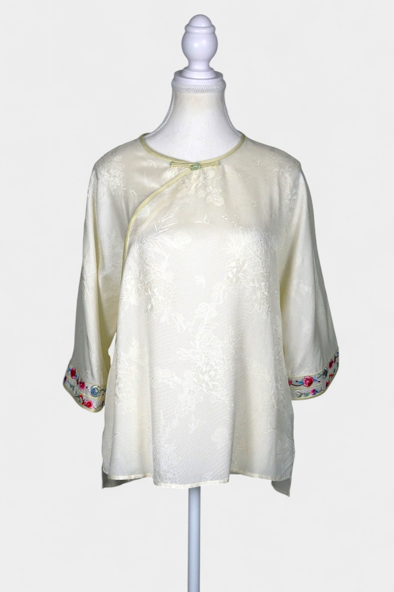 Mulberry Silk Blouse | Hand-Embroidered Floral Sleeves | New Chinese Style