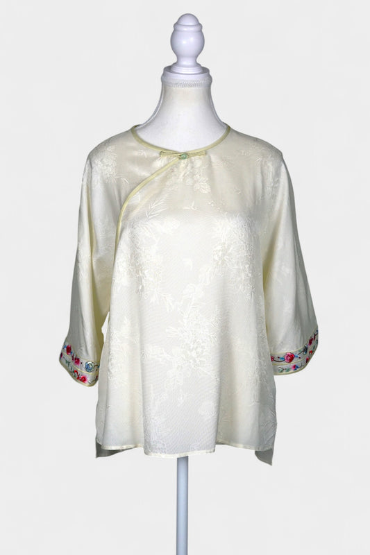 Mulberry Silk Blouse | Hand-Embroidered Floral Sleeves | New Chinese Style