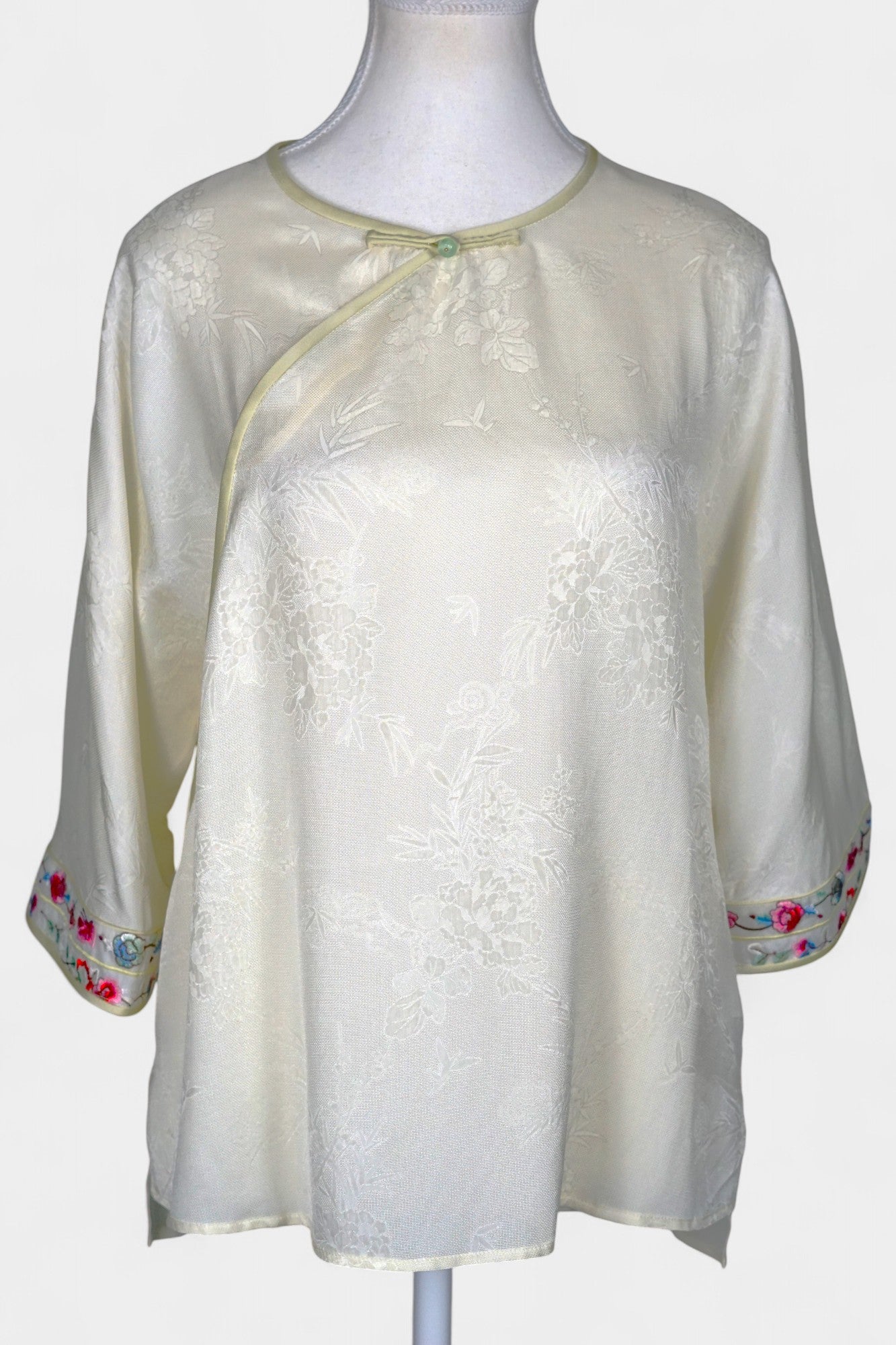 Mulberry Silk Blouse | Hand-Embroidered Floral Sleeves | New Chinese Style