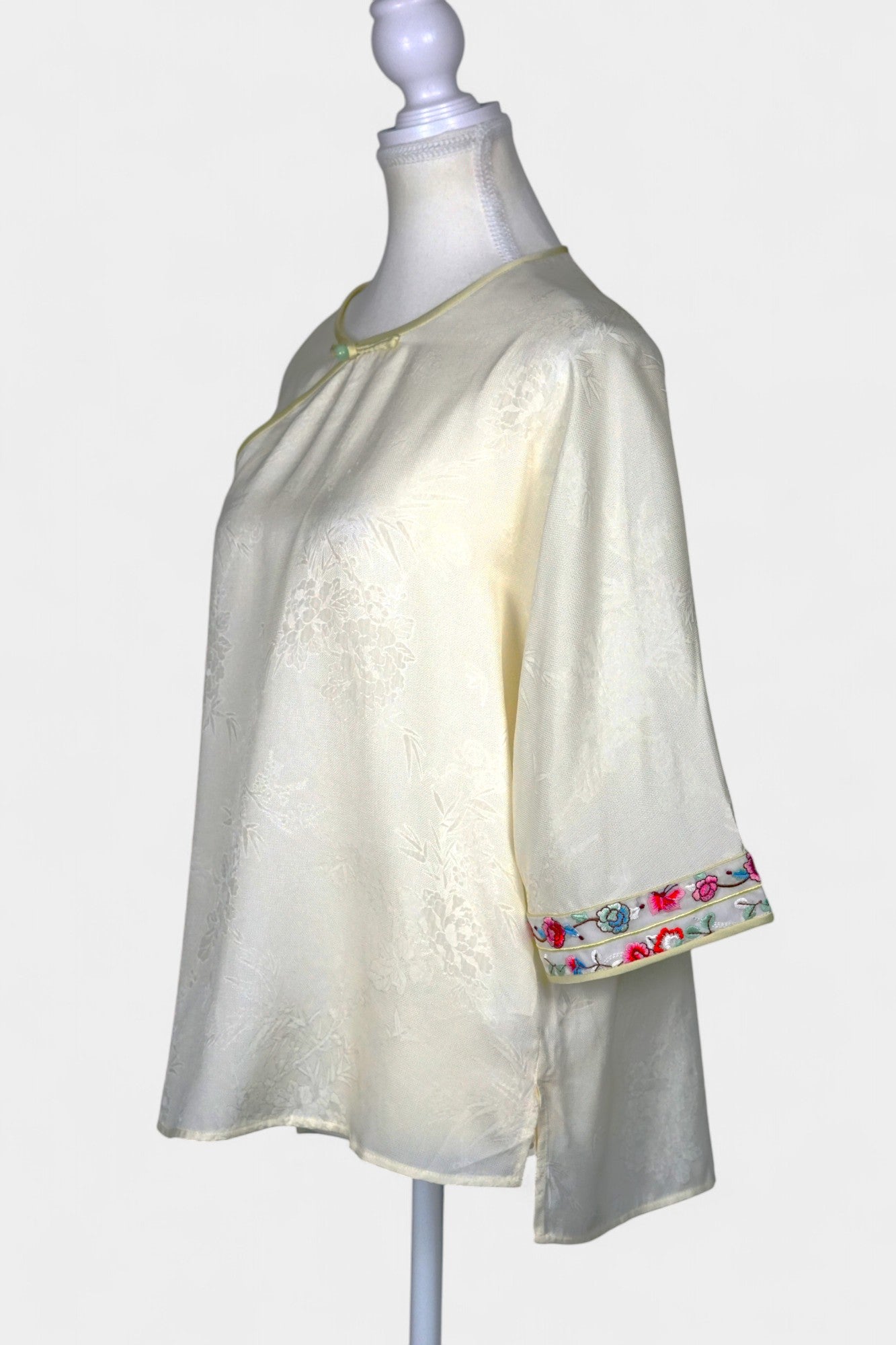 Mulberry Silk Blouse | Hand-Embroidered Floral Sleeves | New Chinese Style
