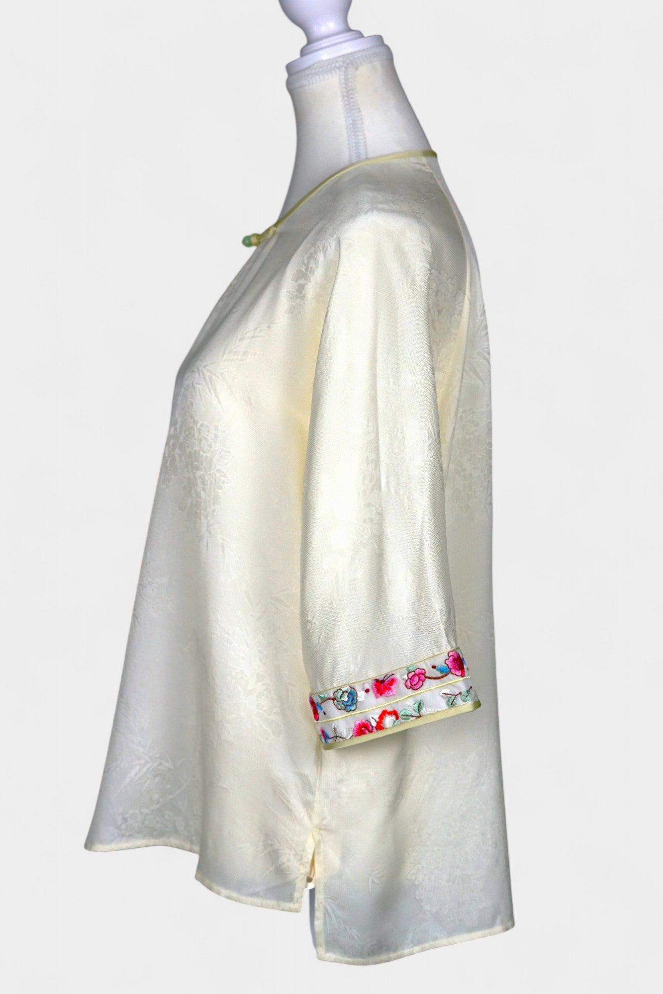 Mulberry Silk Blouse | Hand-Embroidered Floral Sleeves | New Chinese Style
