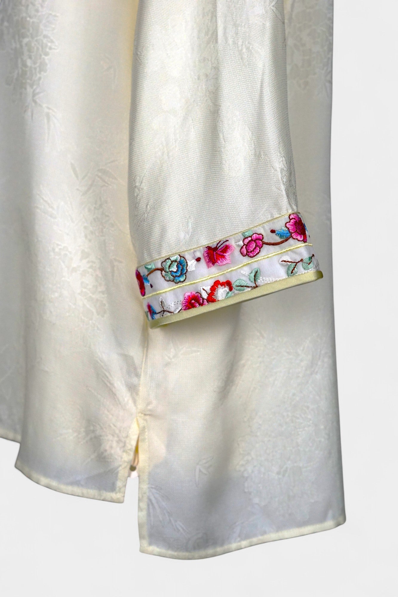 Mulberry Silk Blouse | Hand-Embroidered Floral Sleeves | New Chinese Style