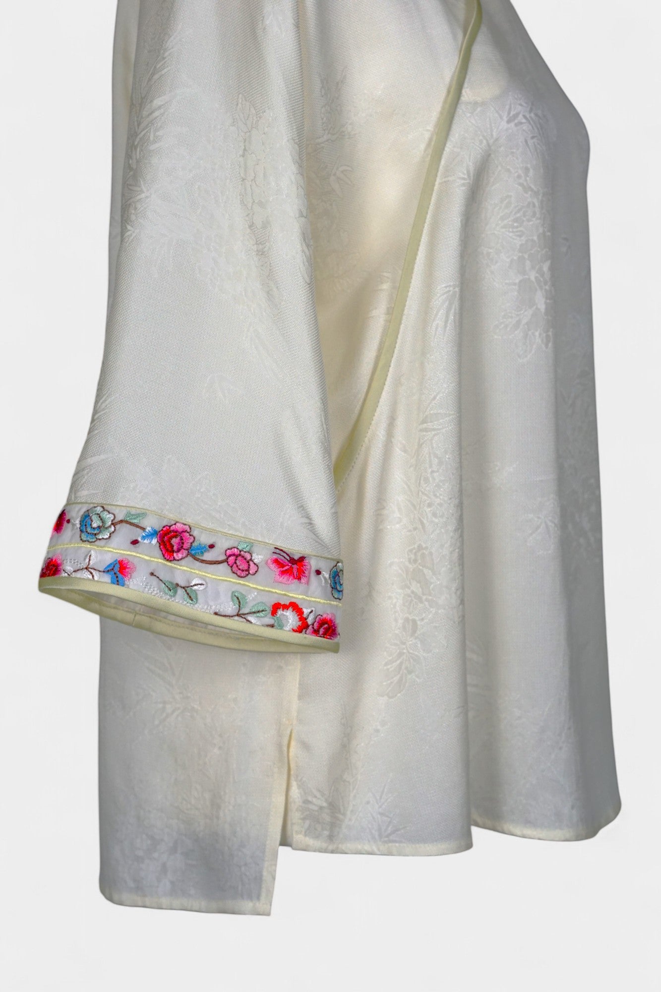 Mulberry Silk Blouse | Hand-Embroidered Floral Sleeves | New Chinese Style