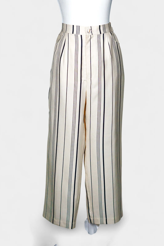 Handcrafted Mulberry Silk Striped Trousers | Cream & Black