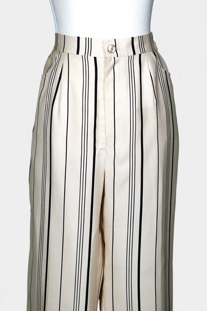 Handcrafted Mulberry Silk Striped Trousers | Cream & Black