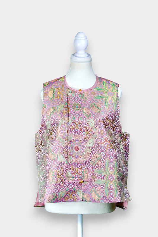 Traditional Song Dynasty Brocade Silk Vest | Woven Crane & Floral Waistcoat