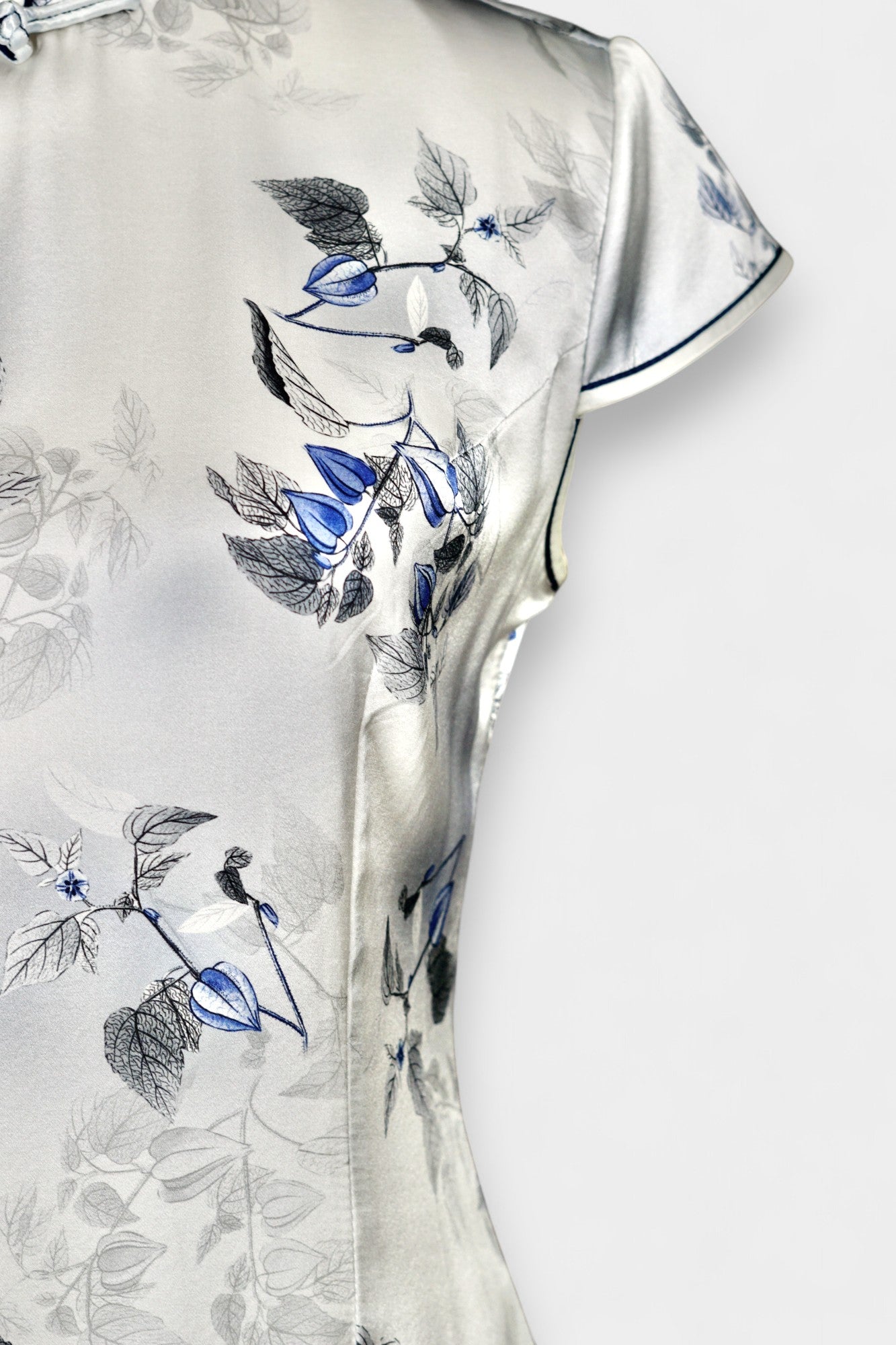 Traditional Handcrafted Mulberry Silk Cheongsam Dress | Blue Floral Print