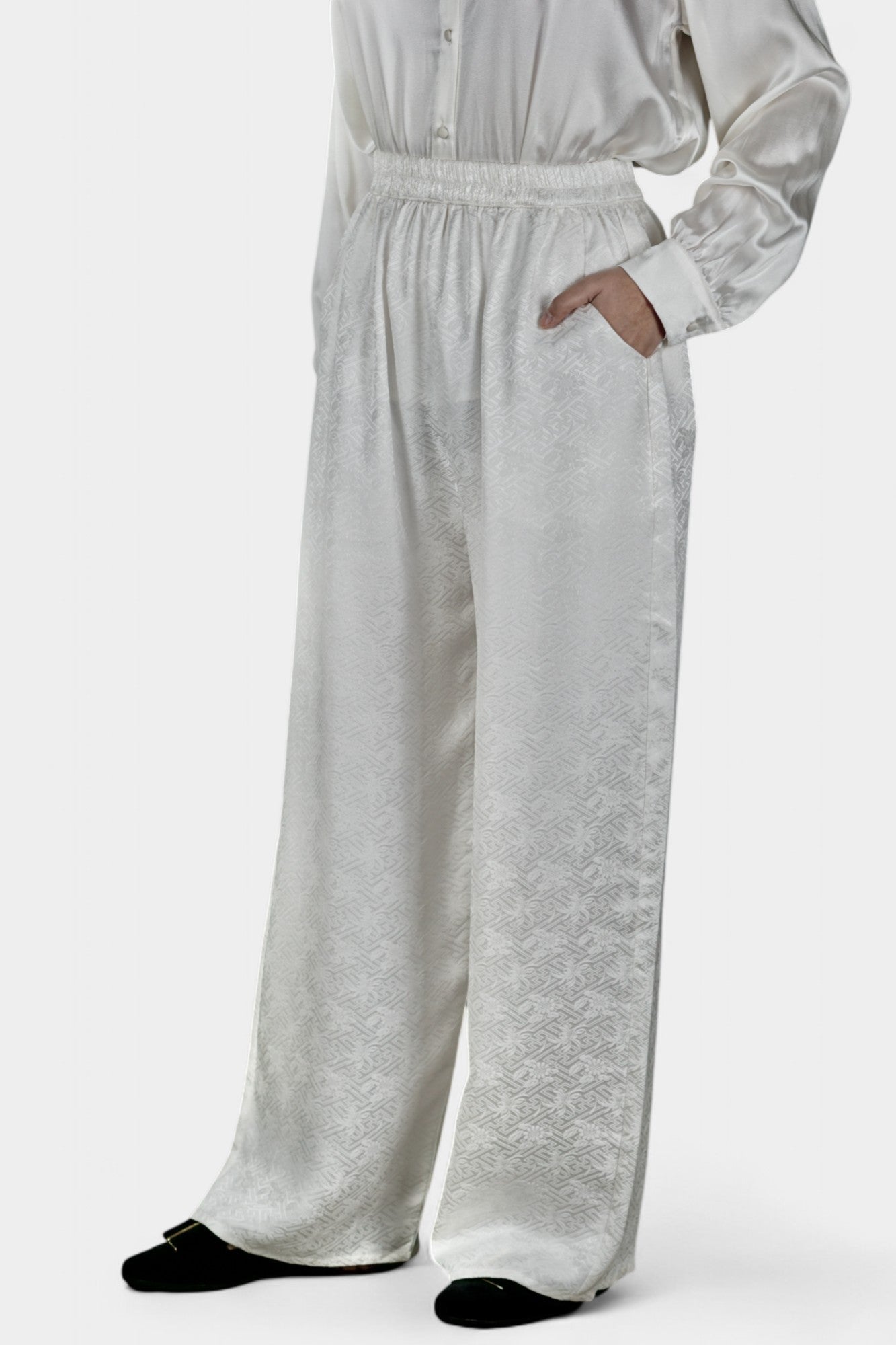 Handcrafted White Mulberry Silk Wide-Leg Pants | 100% Silk Jacquard Trousers