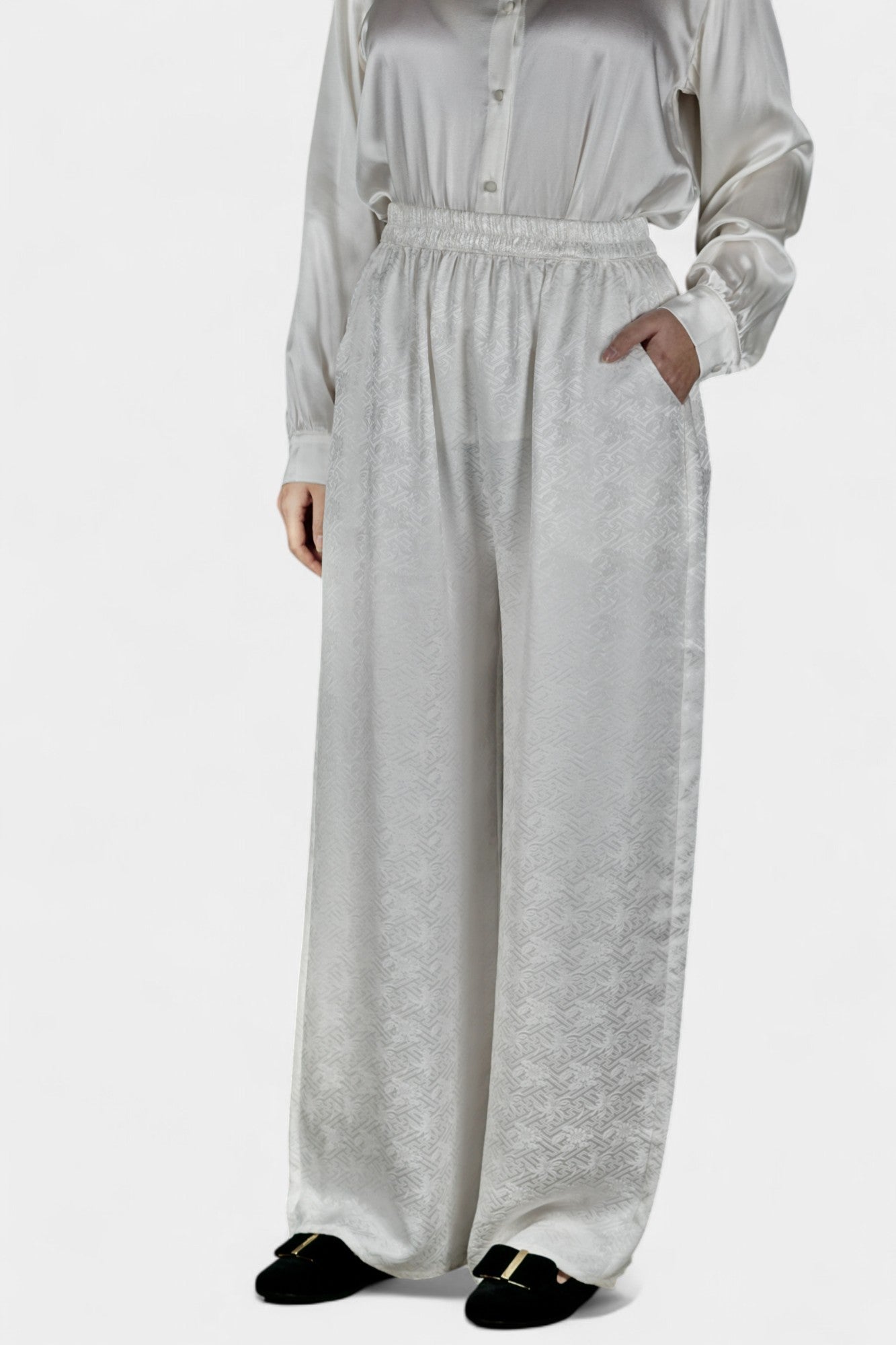 Handcrafted White Mulberry Silk Wide-Leg Pants | 100% Silk Jacquard Trousers