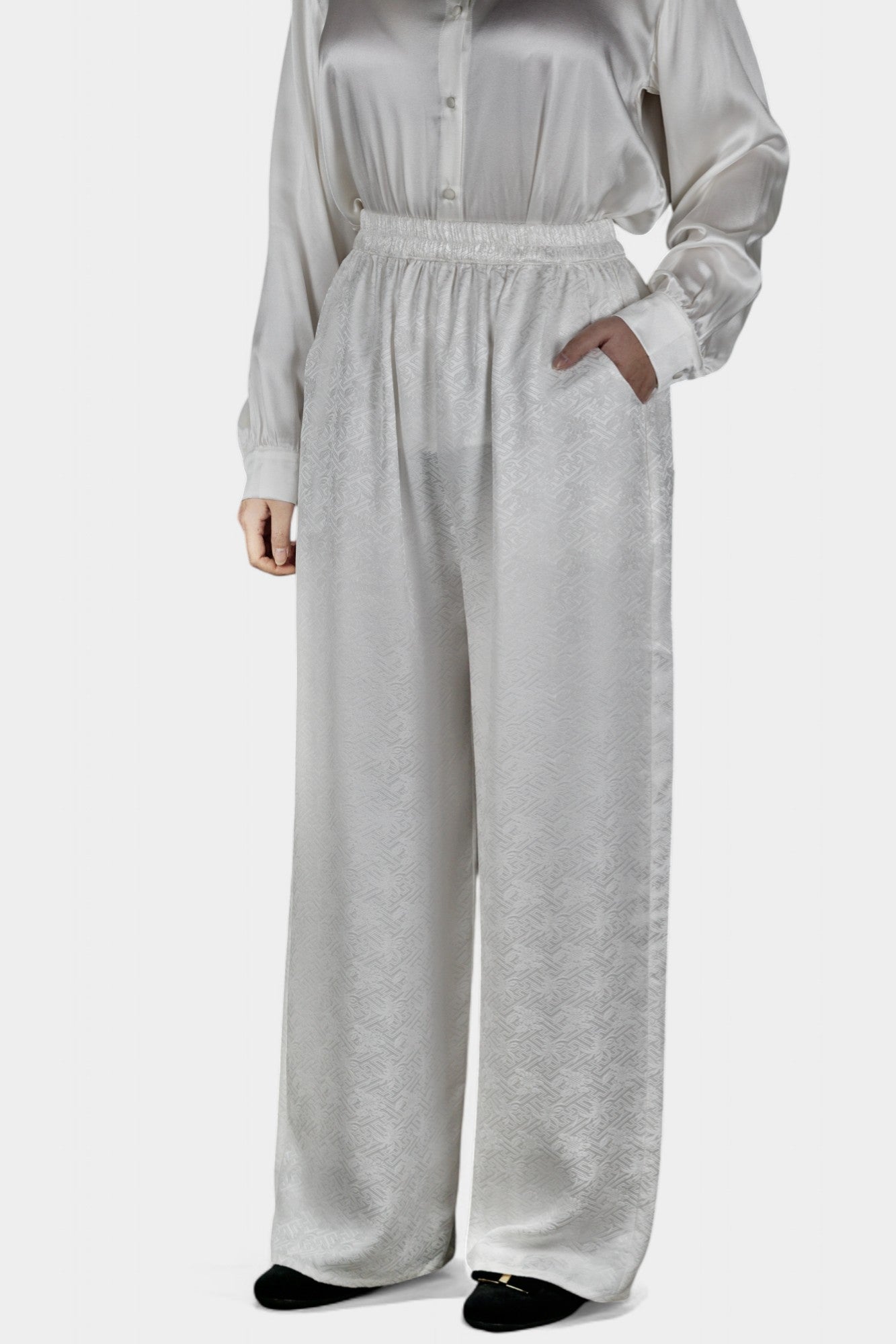 Handcrafted White Mulberry Silk Wide-Leg Pants | 100% Silk Jacquard Trousers
