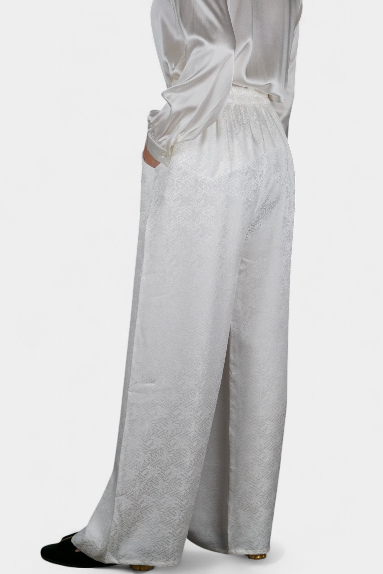 Handcrafted White Mulberry Silk Wide-Leg Pants | 100% Silk Jacquard Trousers