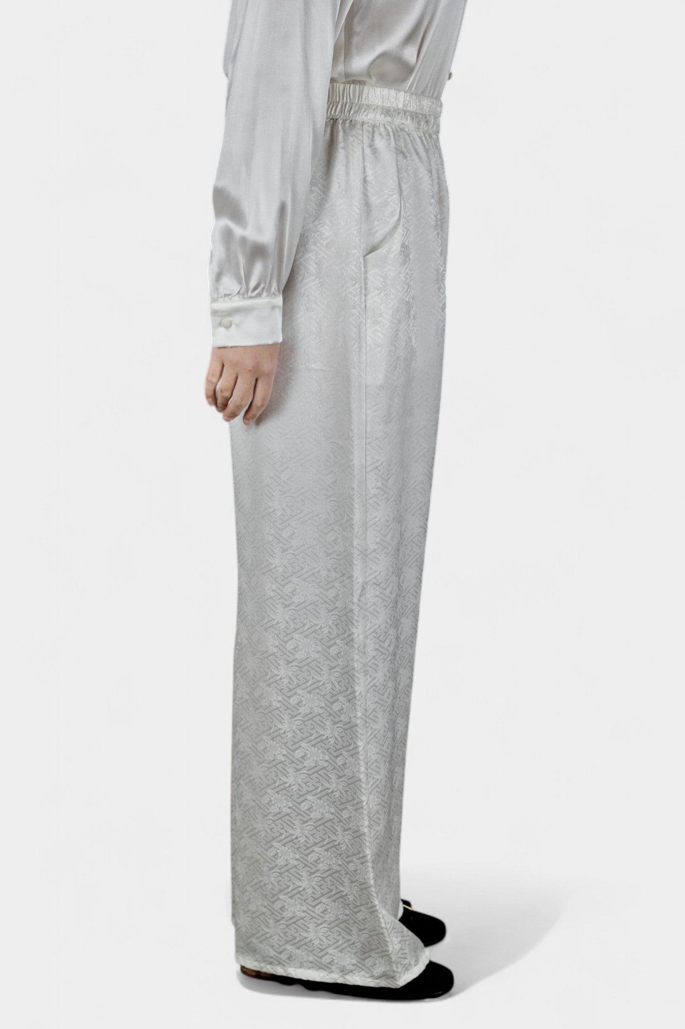 Handcrafted White Mulberry Silk Wide-Leg Pants | 100% Silk Jacquard Trousers