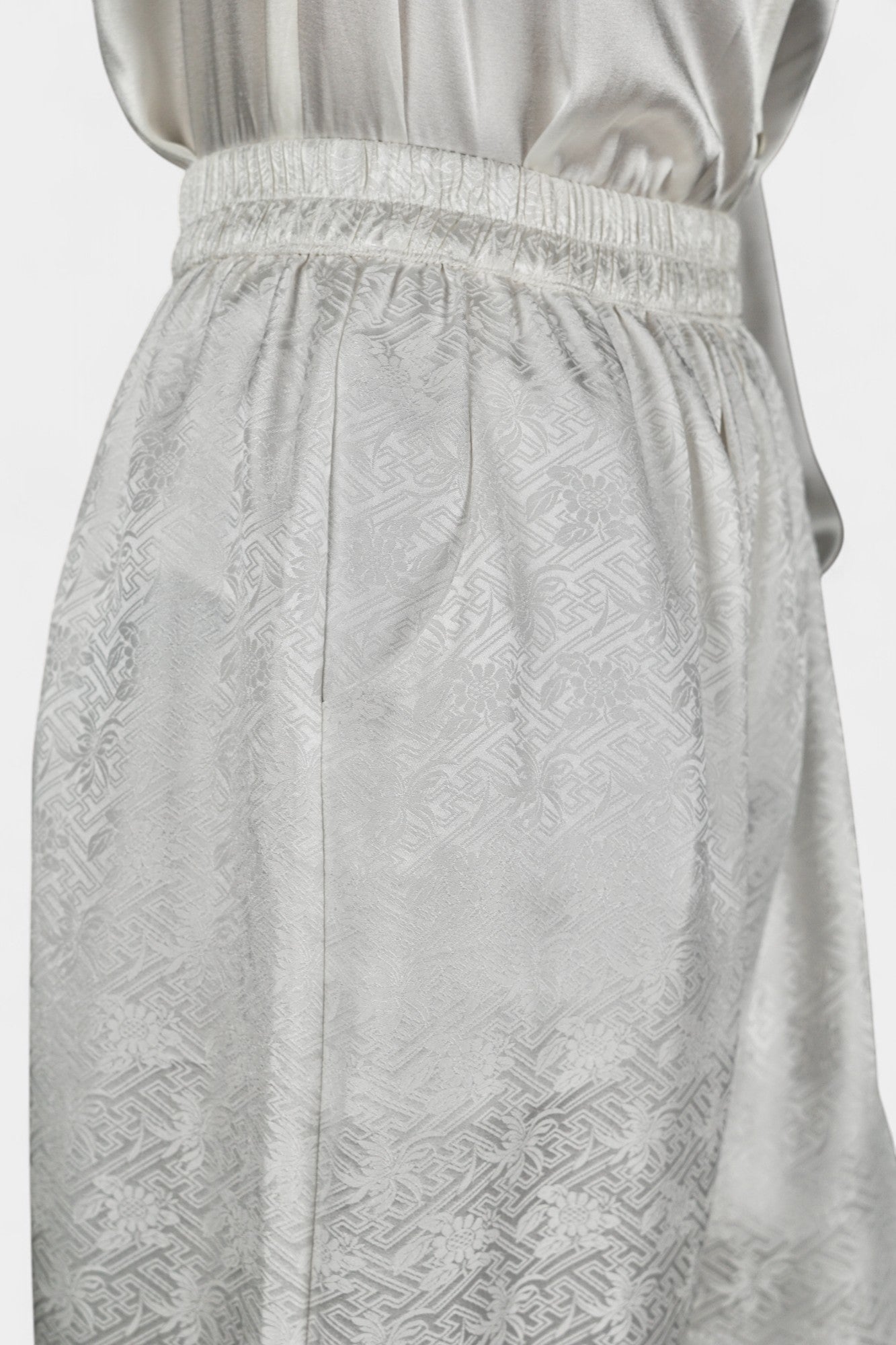 Handcrafted White Mulberry Silk Wide-Leg Pants | 100% Silk Jacquard Trousers