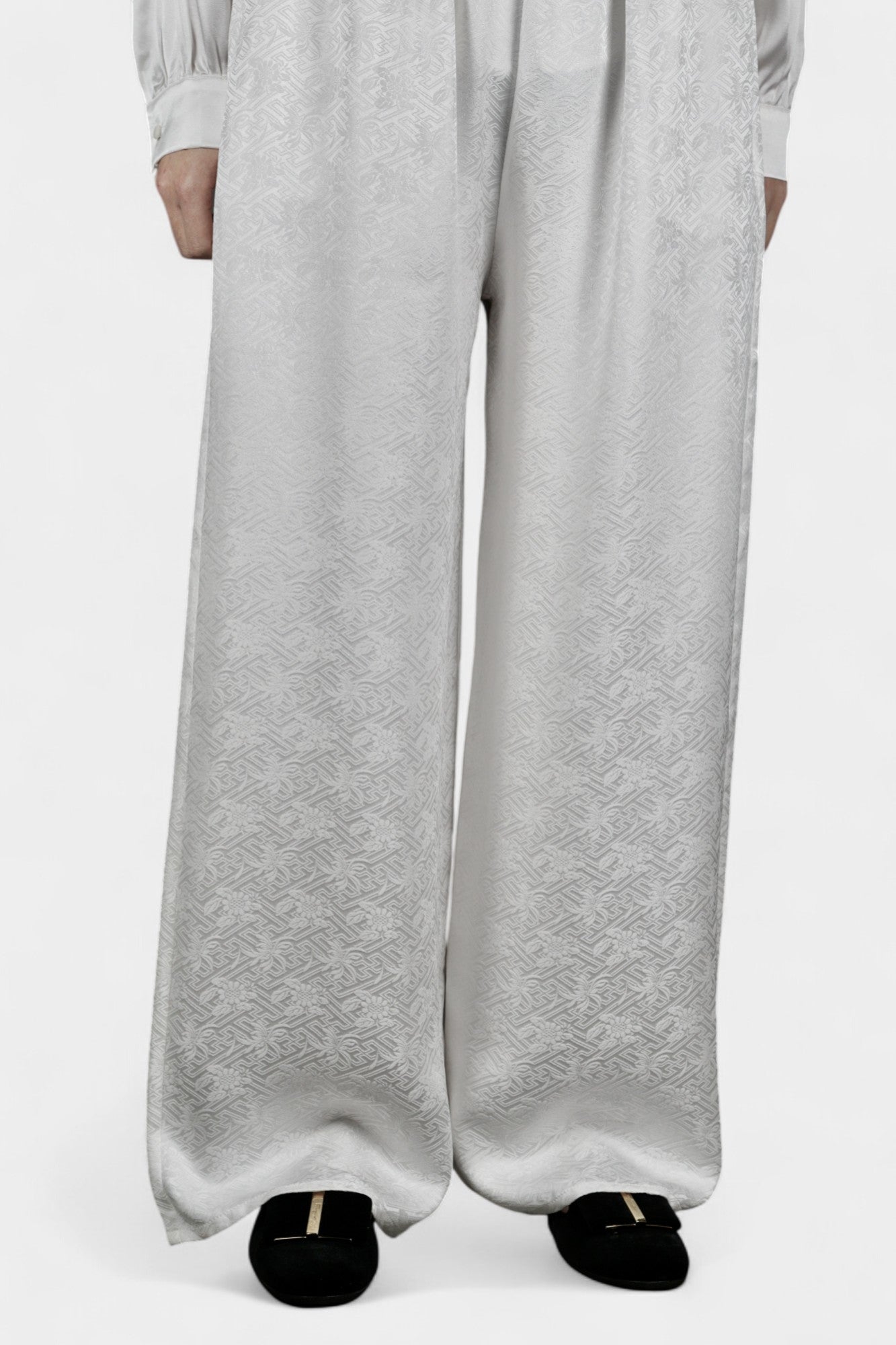 Handcrafted White Mulberry Silk Wide-Leg Pants | 100% Silk Jacquard Trousers