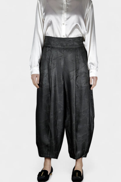 Handcrafted Gambiered Guangdong Gauze Premium Mulberry Silk Black Trousers