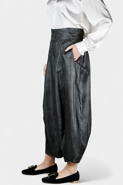 Handcrafted Gambiered Guangdong Gauze Premium Mulberry Silk Black Trousers