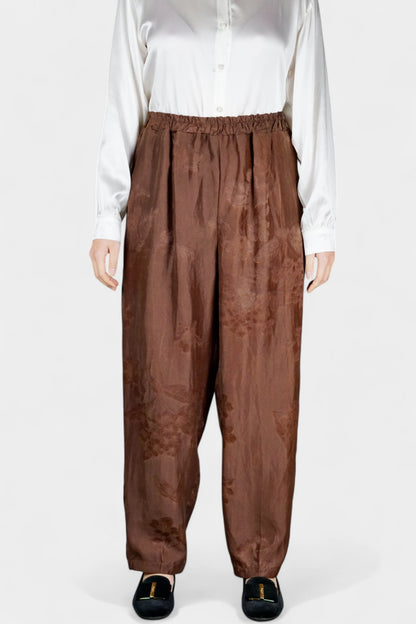 Gambiered Guangdong Gauze Silk Trousers | Tonal Floral Jacquard