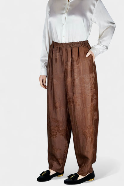 Gambiered Guangdong Gauze Silk Trousers | Tonal Floral Jacquard