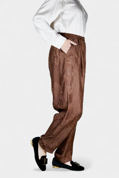 Gambiered Guangdong Gauze Silk Trousers | Tonal Floral Jacquard