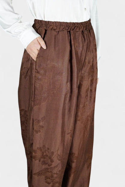 Gambiered Guangdong Gauze Silk Trousers | Tonal Floral Jacquard
