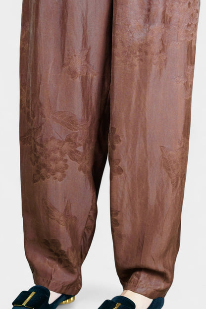 Gambiered Guangdong Gauze Silk Trousers | Tonal Floral Jacquard