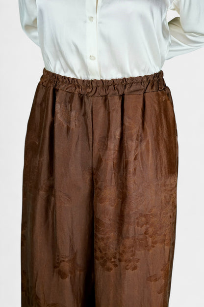 Gambiered Guangdong Gauze Silk Trousers | Tonal Floral Jacquard