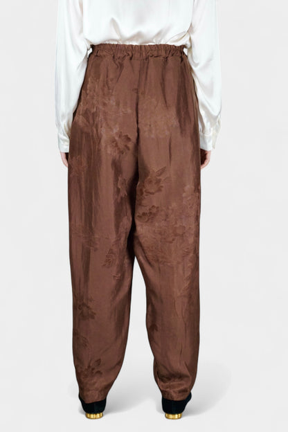 Gambiered Guangdong Gauze Silk Trousers | Tonal Floral Jacquard