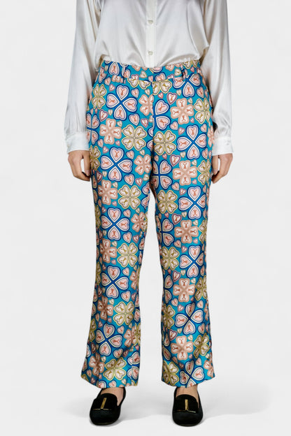 Made in Italy Mulberry Silk Trousers | Blue Floral Print