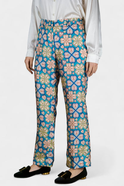 Made in Italy Mulberry Silk Trousers | Blue Floral Print