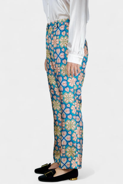 Made in Italy Mulberry Silk Trousers | Blue Floral Print