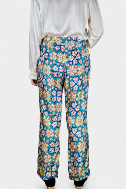 Made in Italy Mulberry Silk Trousers | Blue Floral Print