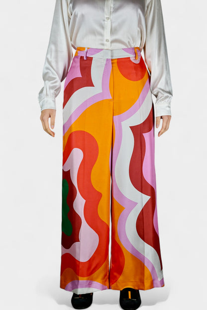Made in Italy Mulberry Silk Trousers | Multi-Colour Abstract Print