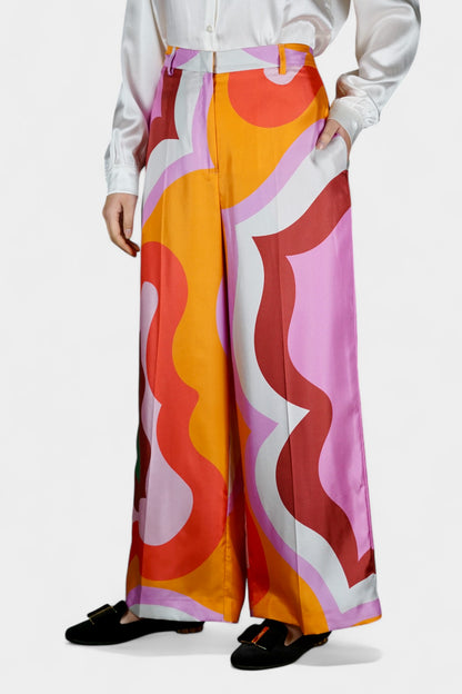 Made in Italy Mulberry Silk Trousers | Multi-Colour Abstract Print