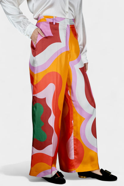 Made in Italy Mulberry Silk Trousers | Multi-Colour Abstract Print