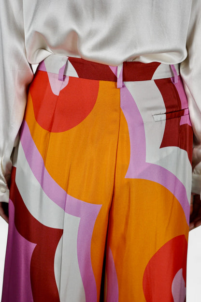 Made in Italy Mulberry Silk Trousers | Multi-Colour Abstract Print