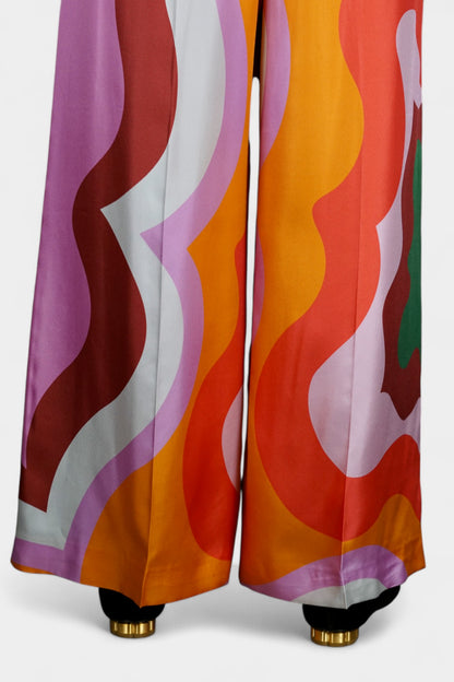 Made in Italy Mulberry Silk Trousers | Multi-Colour Abstract Print