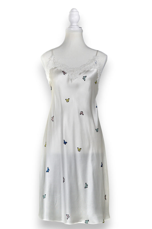 Handcrafted Mulberry Silk Slip Dress | White Butterfly Print