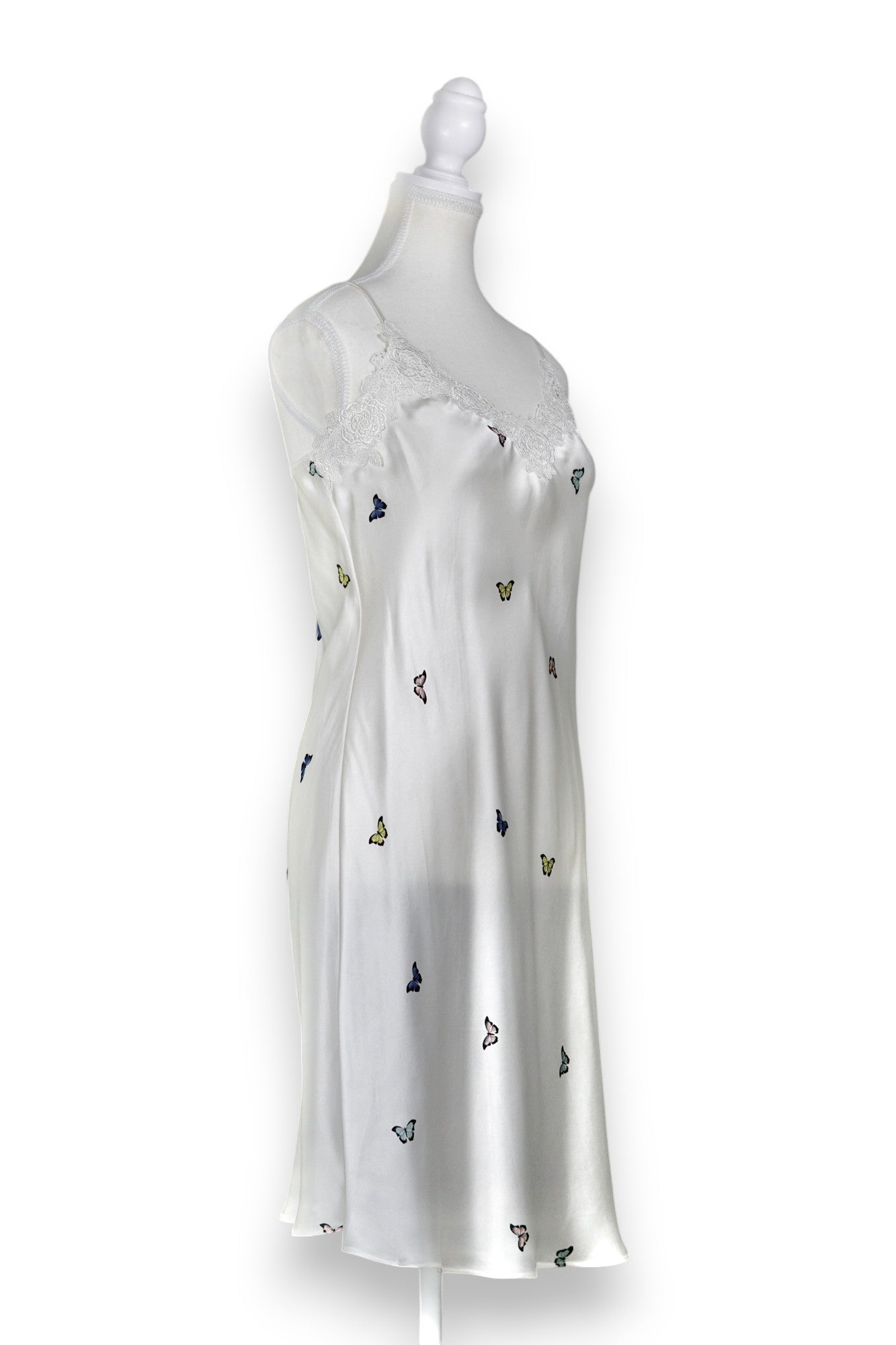 Handcrafted Mulberry Silk Slip Dress | White Butterfly Print