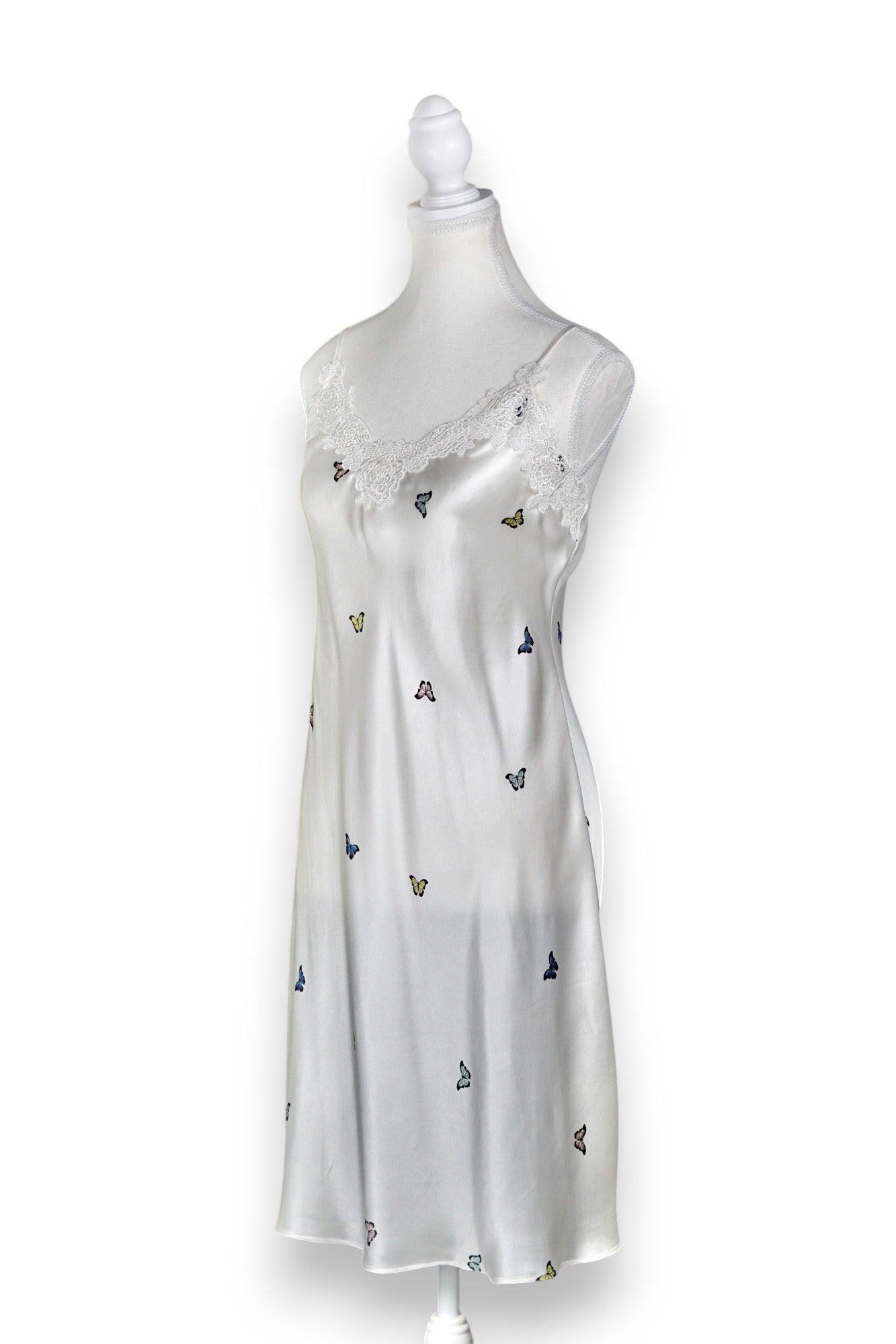 Handcrafted Mulberry Silk Slip Dress | White Butterfly Print