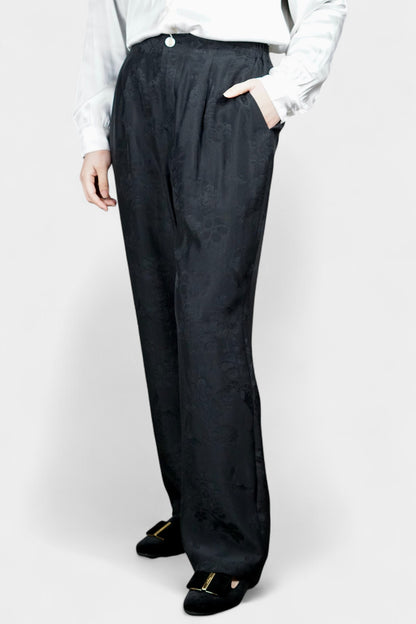 Handmade Mulberry Silk Trousers | Black Floral Jacquard