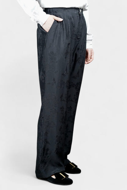 Handmade Mulberry Silk Trousers | Black Floral Jacquard