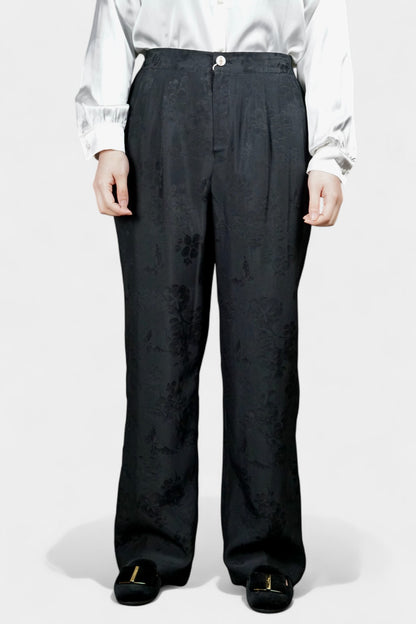 Handmade Mulberry Silk Trousers | Black Floral Jacquard