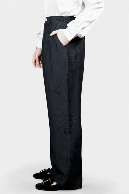 Handmade Mulberry Silk Trousers | Black Floral Jacquard