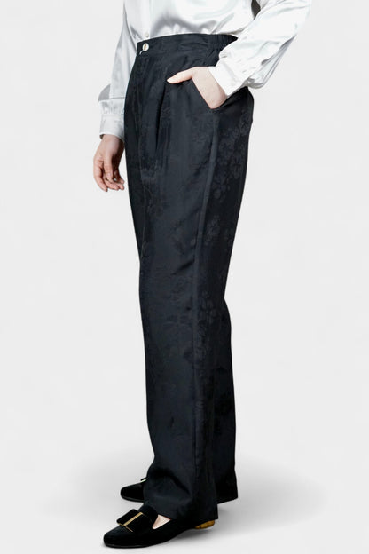 Handmade Mulberry Silk Trousers | Black Floral Jacquard