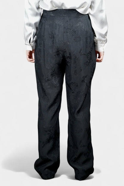 Handmade Mulberry Silk Trousers | Black Floral Jacquard