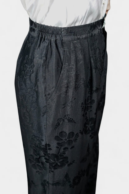 Handmade Mulberry Silk Trousers | Black Floral Jacquard